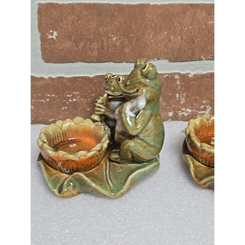 Frogs Toads Votive Candle‎ Holder Playing Instruments on Lily Pad Ceramic Lot 2